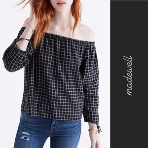 Madewell Plaid Off Shoulder LS Top Black • M